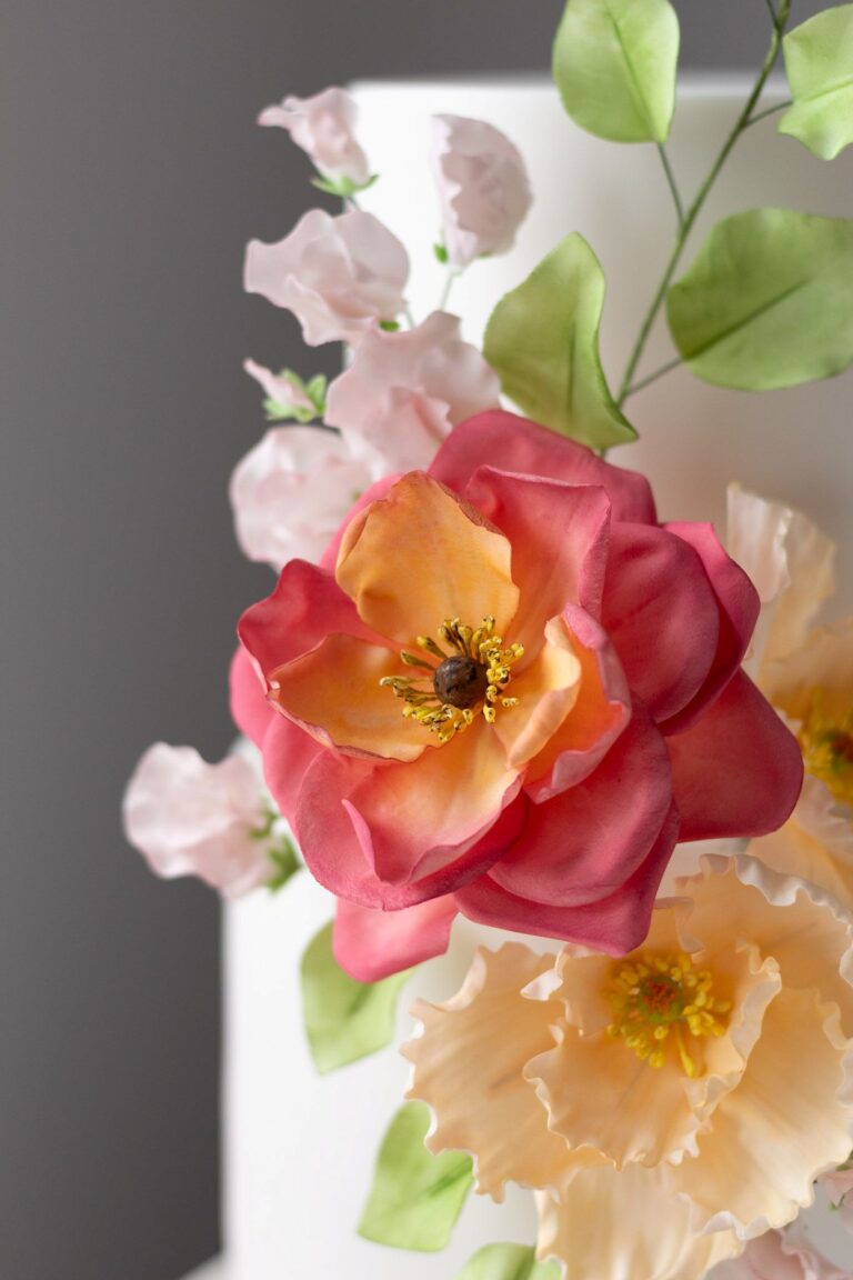 heritage sugar rose with poppies and sweet peas