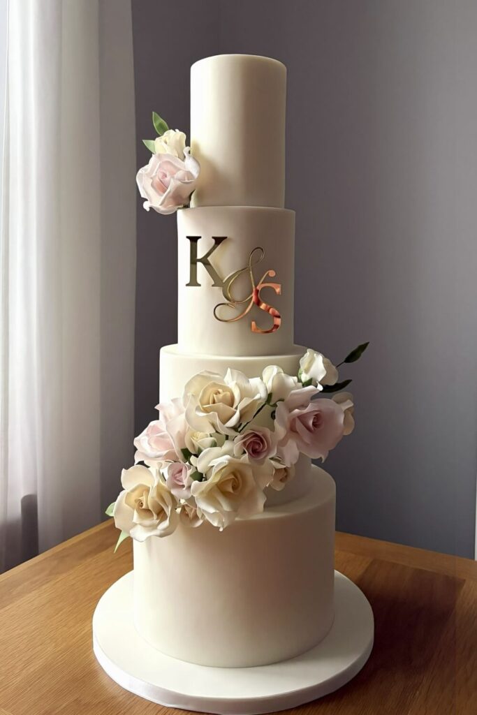 4 tier cream wedding cake sugar roses and initials