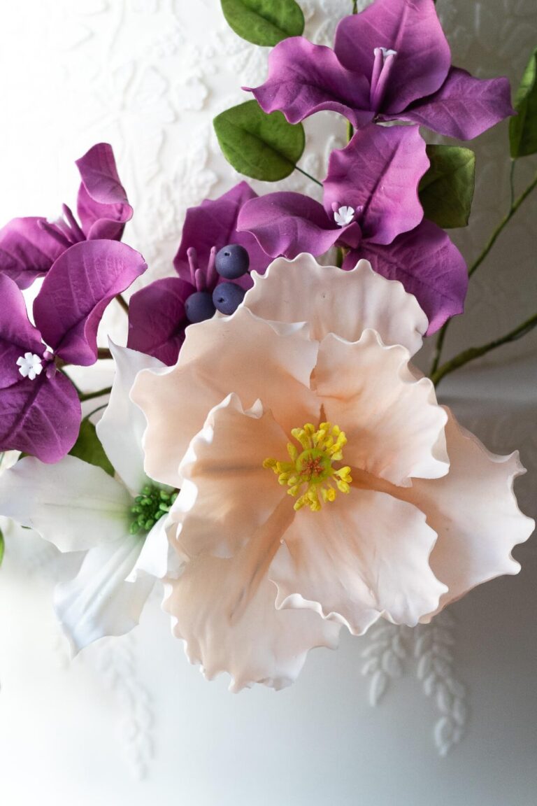 peach sugar poppy and bougainvillea and leaves