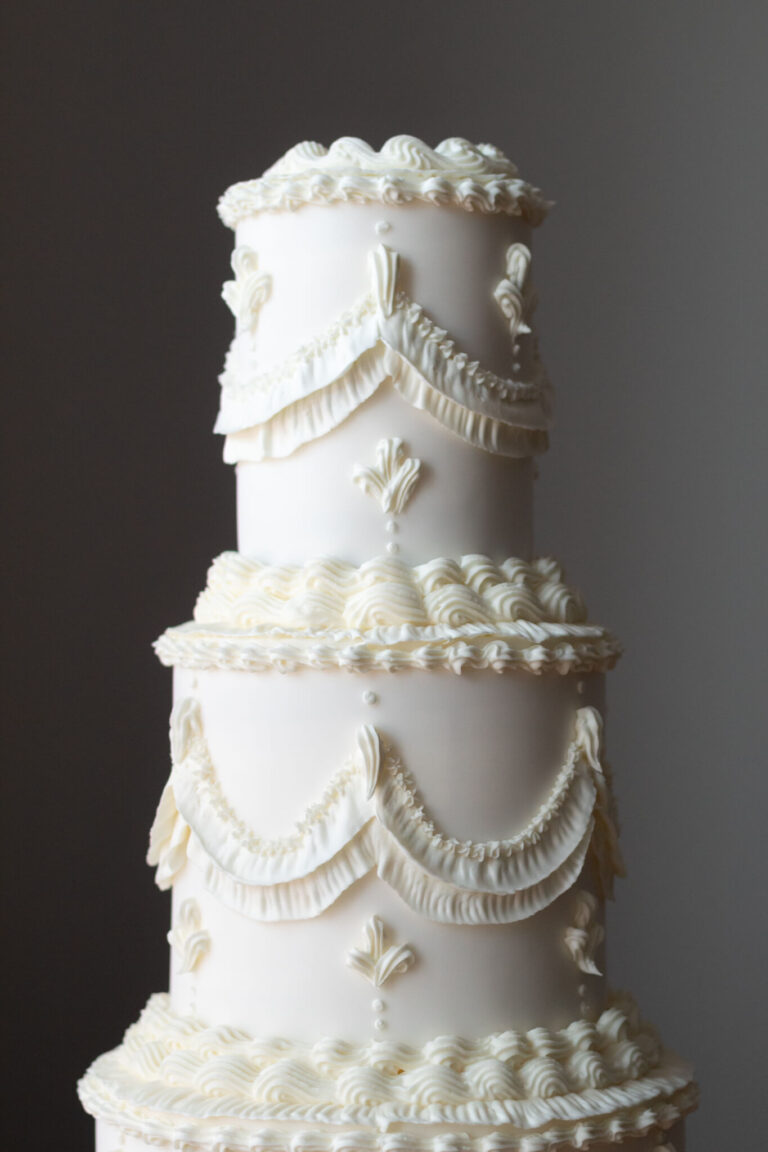 white 2 tier vintage piped wedding cake-1
